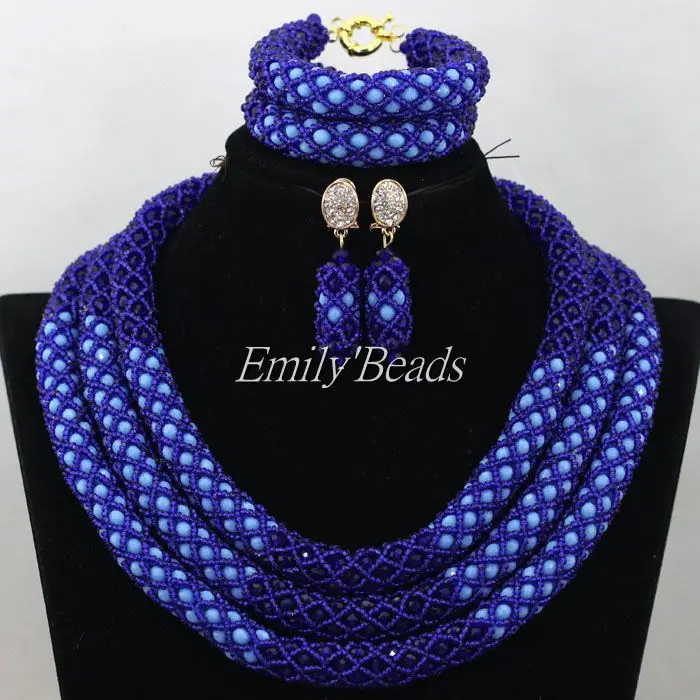 Нежный 3 слоя синий нигерийский Свадебный Африканский бисер комплект ювелирных