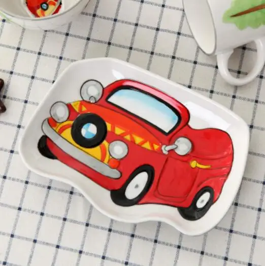 Мультяшный автомобиль корабль плоский блюдо столовые приборы фрукты рис салат