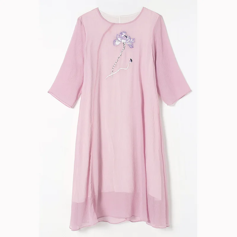 

Chinese Traditional Dress Female Round Neck Short-sleeved Heavy-duty Embroidery Vintage Cheongsam Dress Summer New Long Section