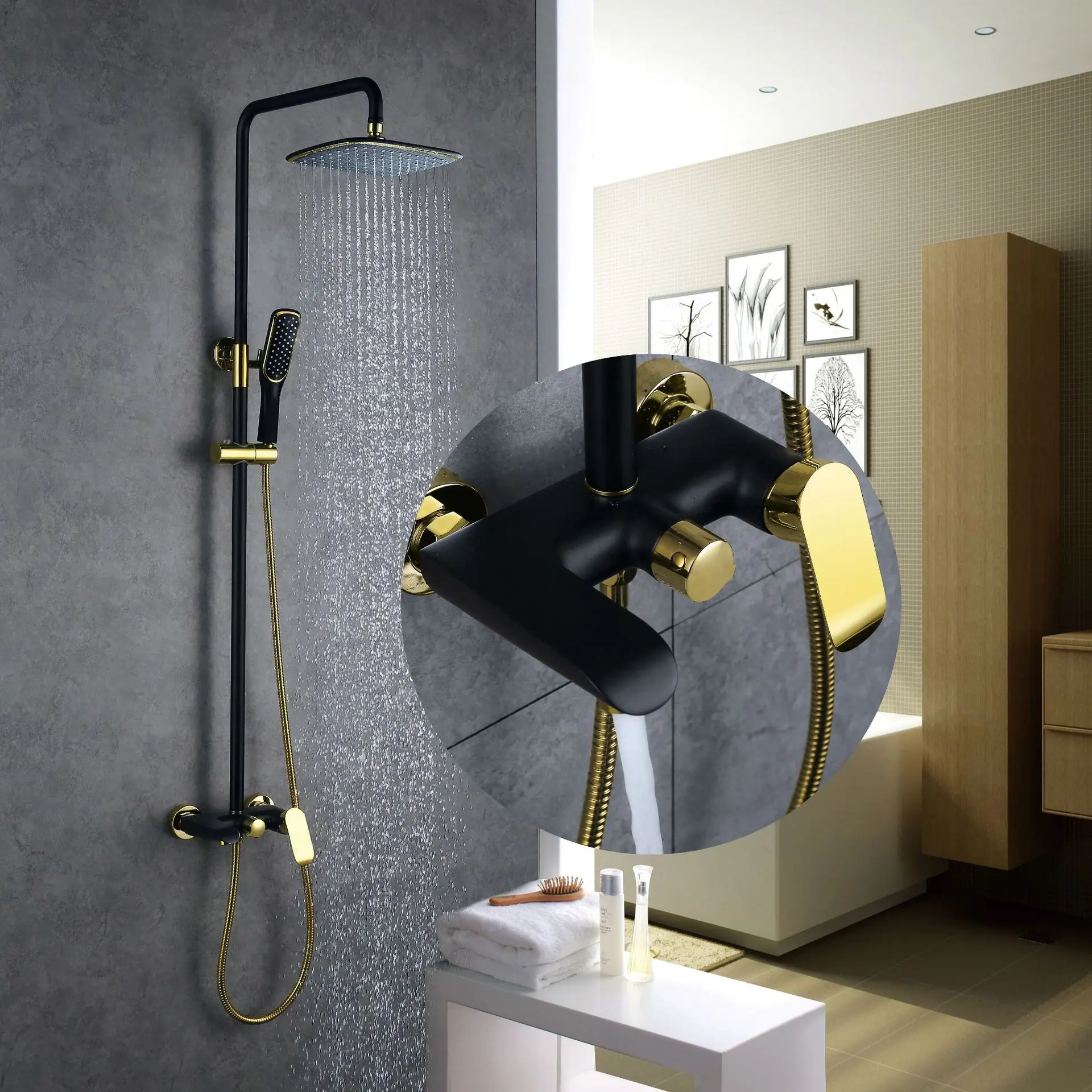 

Wall Mounte Black baked lacquer + titanium full copper hot and cold shower set