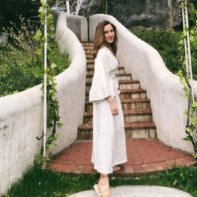 Женское шифоновое тонкое длинное платье в горошек с v-образным вырезом и принтом