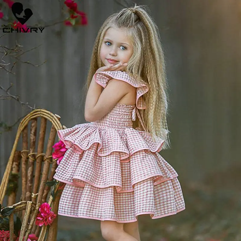 Летнее модное клетчатое платье для девочек с открытой спиной и оборками Chivry 2019