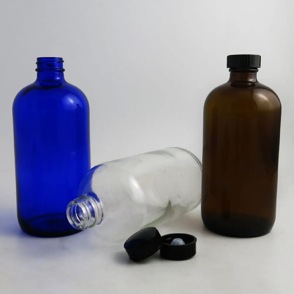 Botellas de vidrio redondas grandes rellenables, contenedores de vidrio de 480 cc, de 16 Oz, ámbar, azul claro, Boston, con tapa cónica phennegra, 480ml, 2 uds.