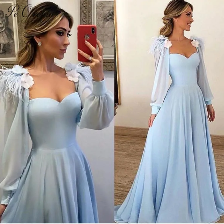 Blue PEORCHID синие платья на выпускной одежда с длинным рукавом Милая Vestidos De Fiesta цветы торжественное платье Для женщин элегантное вечернее платье - Color: Blue