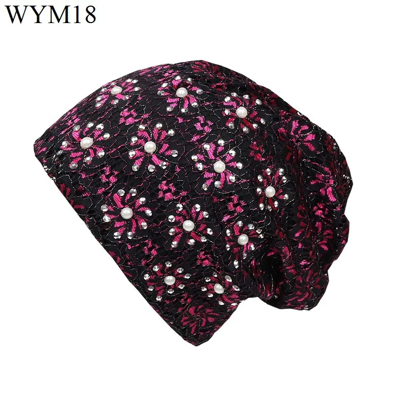 

F&U Fashion Double Layers Shining Flower Lace With Pearls Hats Modal And Lace Casual And Fashion For Female In Four Season