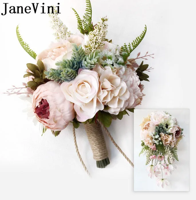 

JaneVini Vintage Peony Bridal bouquet holder wedding Waterfall Artificial Flowers wedding bouquets for bridesmaids Bride Brooch