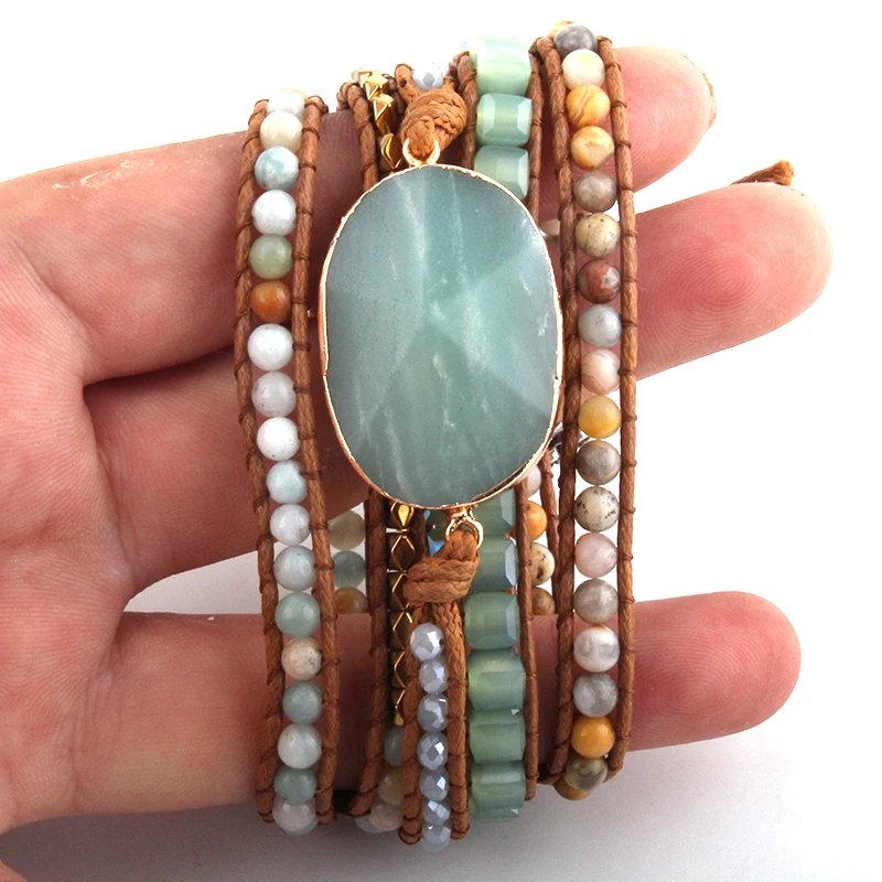 Модный женский кожаный браслет ручной работы смешанные природные камни