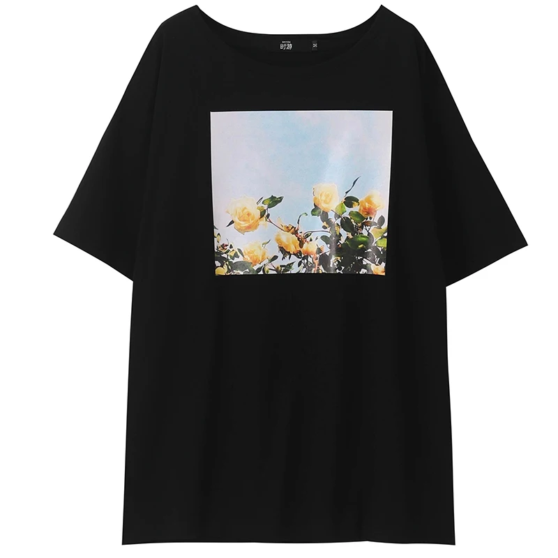 [EAM] New Spring Summer Round Neck Short Sleeve black loose patter printed personality T-shirt Women Fashion Tide JW877 - Цвет: black