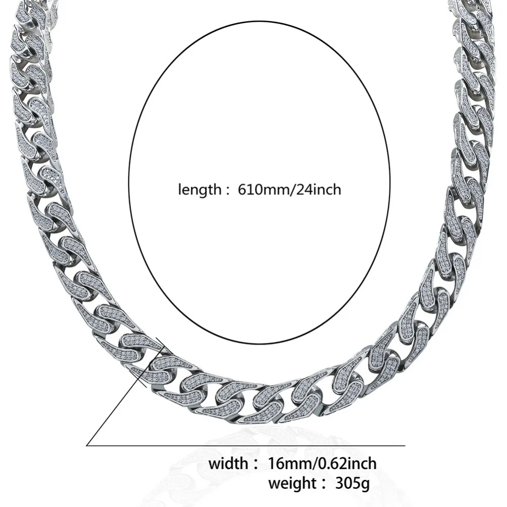 JINAO Hip Hop Jewelry 16mm Miami Cuban Chain Micro Pave Cubic Zirconia Necklace Full Iced Out Chain Gold Silver Bling Male Gifts