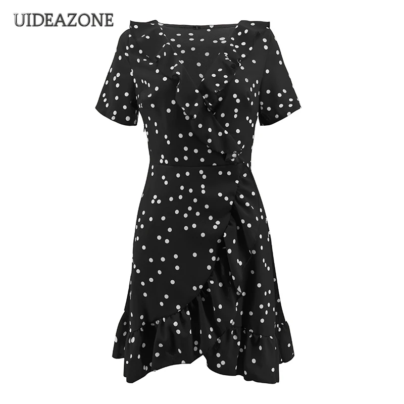 

UIDEAZONE Asymmetrical Ruffles Women Dress V-neck Dot Mini Dress Sexy Ladies Dresses above Knee Beach Style Summer Casual
