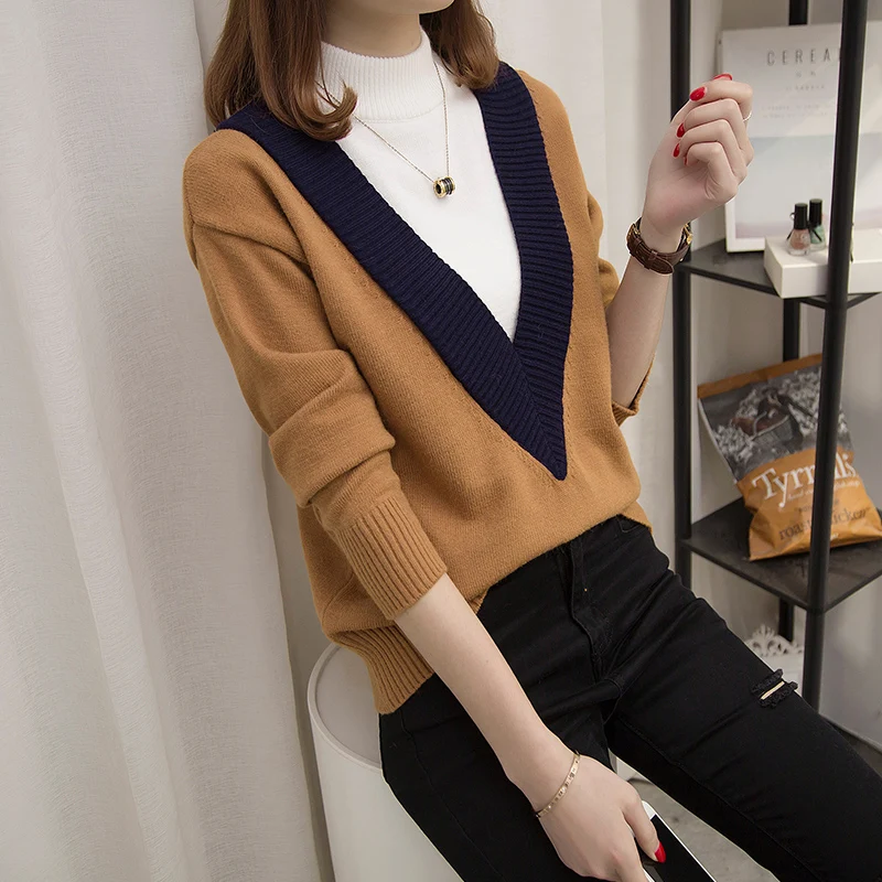 Свитер с имитацией двух предметов женская Свободная рубашка в Корейском стиле