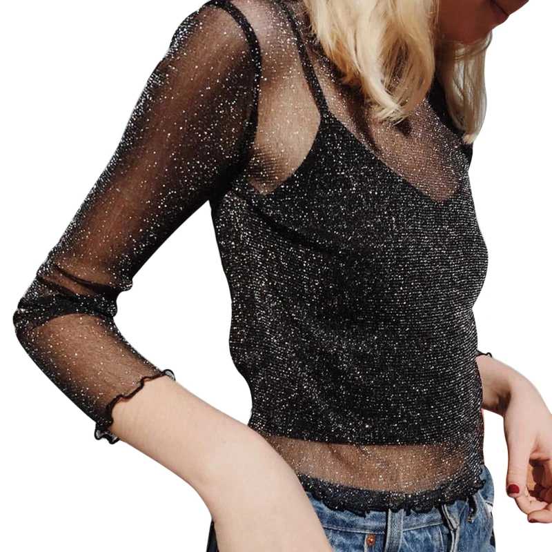 Женская Прозрачная Футболка черная с длинным рукавом | одежда