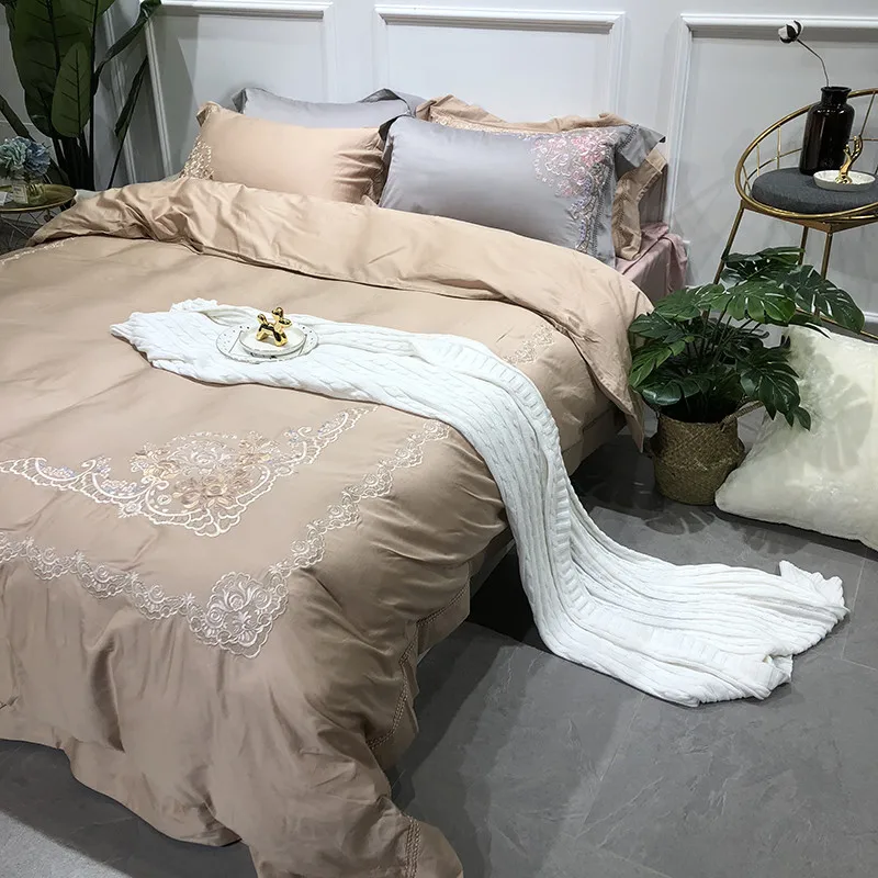 60 s из египетского хлопка шелковое Роскошные Embroid Постельное белье 4 шт. King queen Размеры черная простыня одеяло чехол наволочки