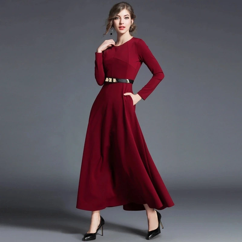 Женское платье с круглым вырезом Negash красное элегантное длинными рукавами и