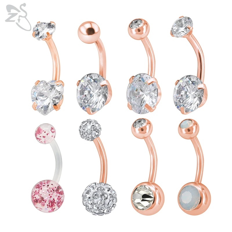

ZS 8pcs/lot Navel Belly Button Ring Heart Crystal Gem Rose Gold Color Piercings Omblig Navel Piercing Stainless Steel Piercing