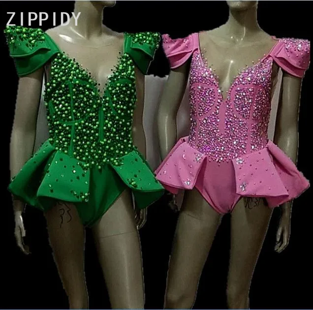 Sparkly Rhinestones Mesh Bodysuit Green Pink Stones Sleeveless Bodysuit Female Singer Costume Women's Birthday Dance Outfit