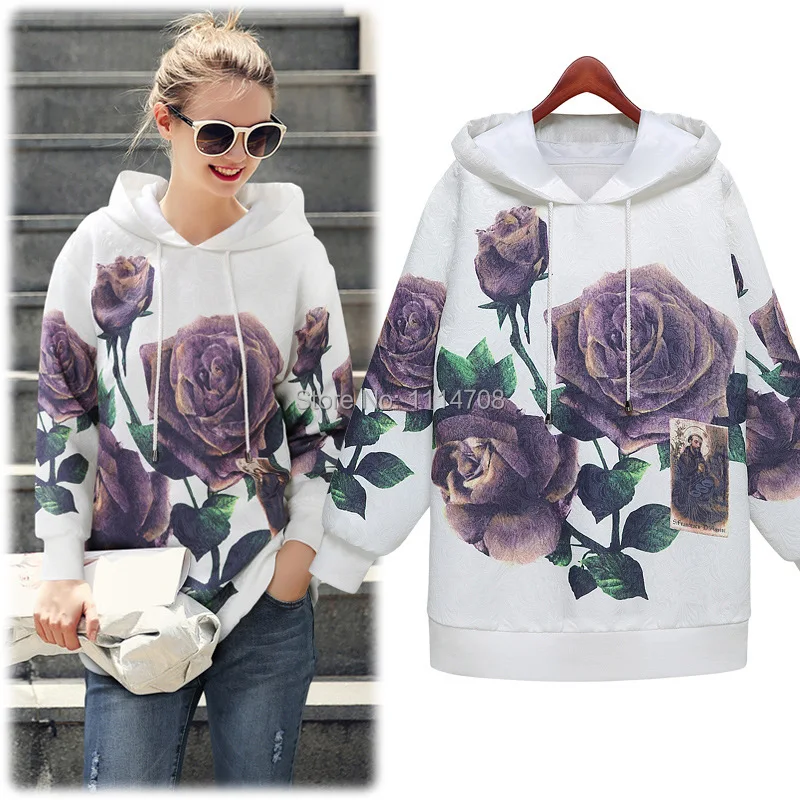 2014 Autumn &amp Winter European Brand Women White Printed Rose Fleece Female Casual Hoodies Sweatshirt Fashion Coat |
