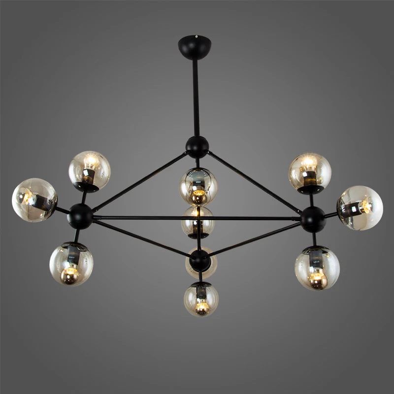 

Postmodern magic bean glass black chandelier American wrought iron glass ball personality round restaurant living room chandelie