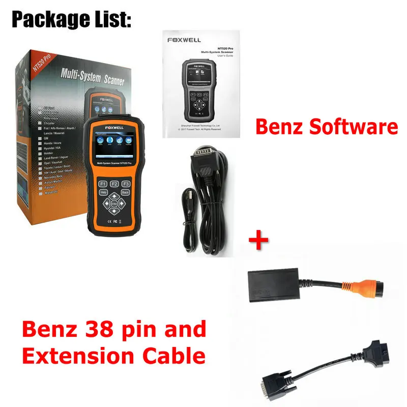 BNEZ and BENZ 38pin Foxwell NT520 Pro OBD2 автомобильный сканер полная система ABS SRS SAS EPB TPMS DPF масляный светильник сброс OBD ODB2 автомобильный диагностический инструмент - Цвет: BNEZ and BENZ 38pin
