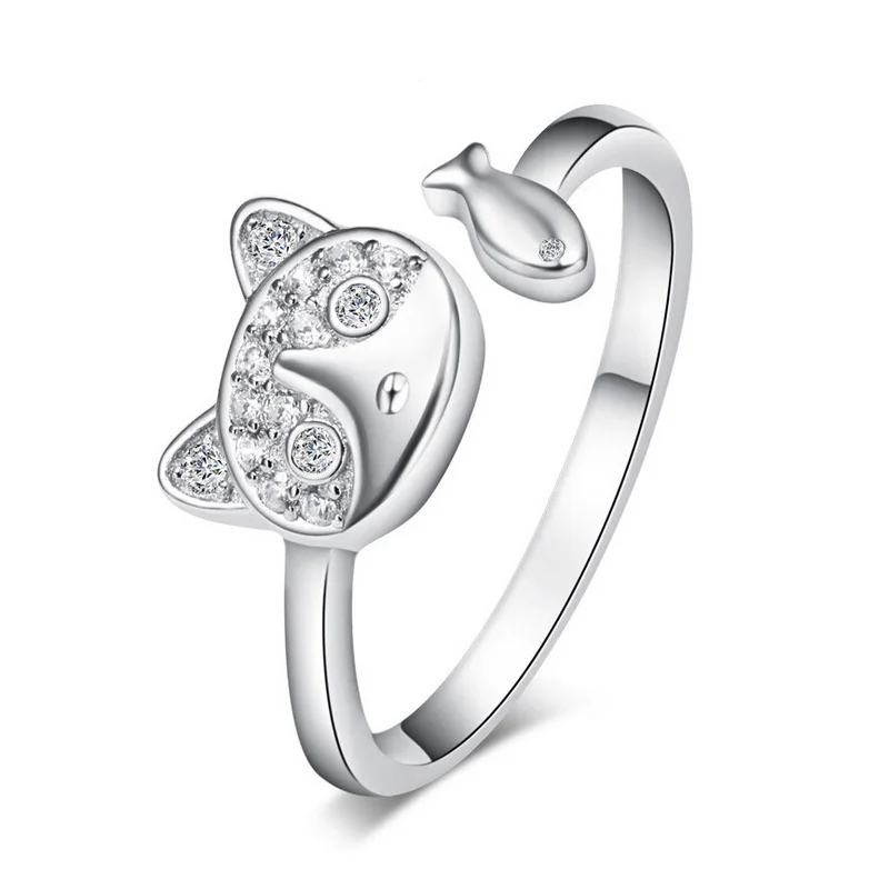 

Открытые серебряные кольца в виде кошки, 100% гарантированно реальное искусственное серебряное Ювелирное кольцо с кубическим цирконием