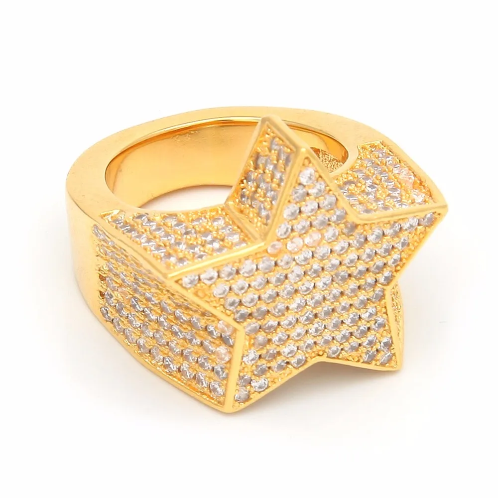 Хип-хоп AAA циркон проложили лед из Bling Star кольца серебро розовое золото кольцо с пентаграммой для мужчин и женщин ювелирные изделия подарок Прямая поставка размер 7-12