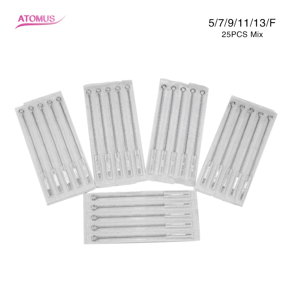 

ATOMUS 25pcs Disposable Assorted Sterilized Mixed 5/7/9/11/13F Sterile Standard Tattoo Needles Flat Needles for Tattoo Machine