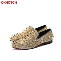 okhotcn brand luxury designer shoes mens casual flats colorful gold customize wedding shoes rivet studded spiked men loafers