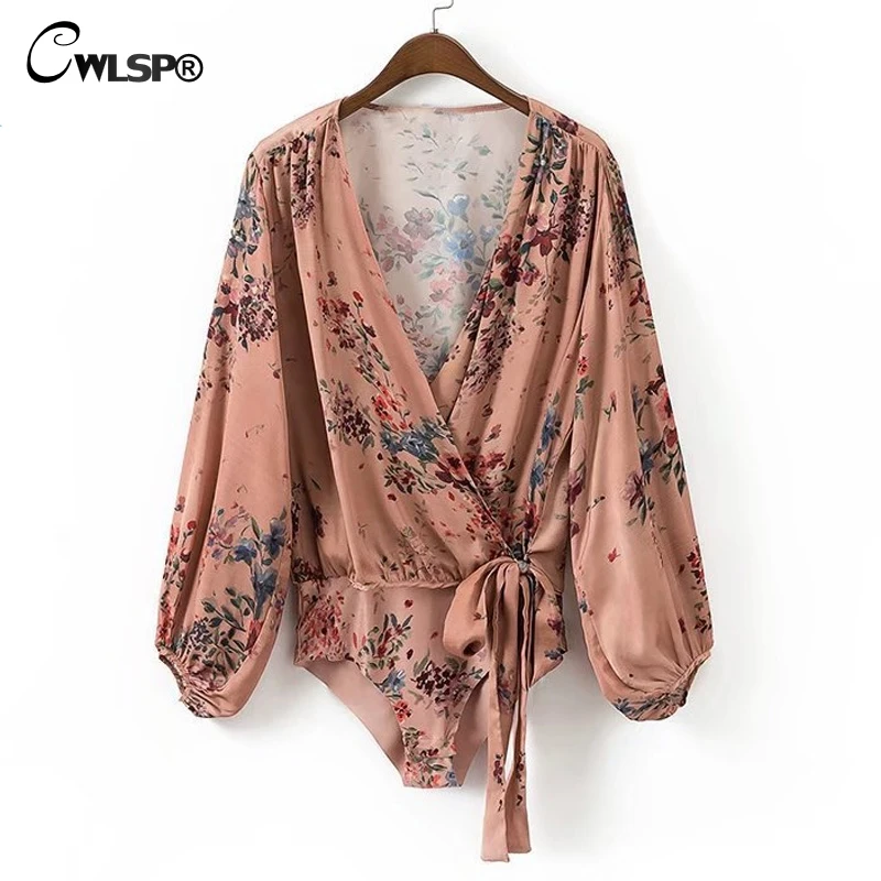 Женское боди с длинными рукавами фонариками CWLSP пикантный цветочным принтом