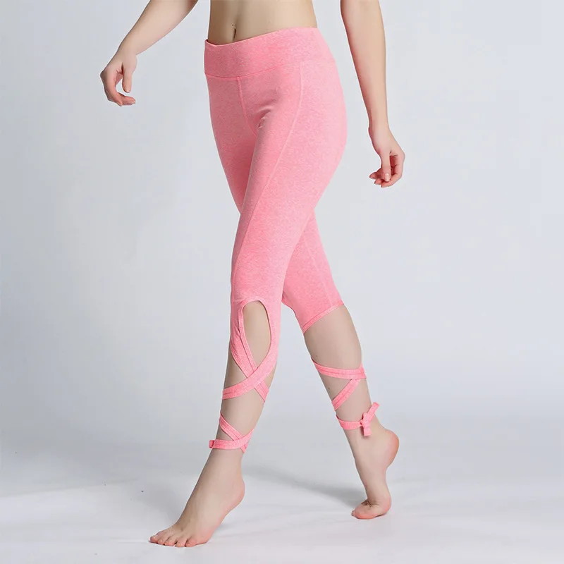 

Summer Women Cropped Yoga Pants Gym Workout Bottom Bandage Sport Leggings Skinny Capris 3/4 Running Trousers Slim Fitness Tights