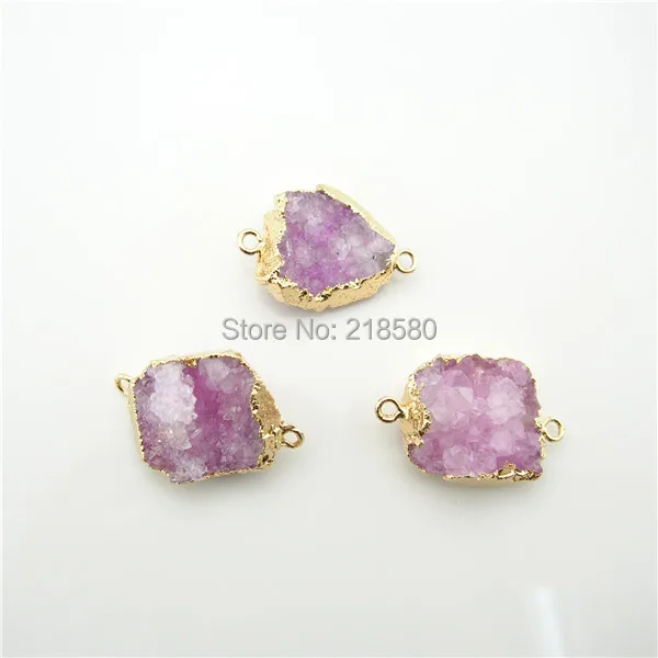 

SP-04301 24K Gold Electroplated Rose Pink Agates Druzy Crystal Double Bail Pendant