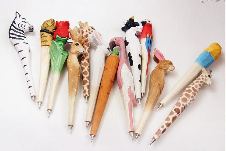 

50pcs/lot Handmade Ballpoint Pen Lovely Artificial Wood Carving Animal ball pen Creative Arts blue pens 2016 gift New many color