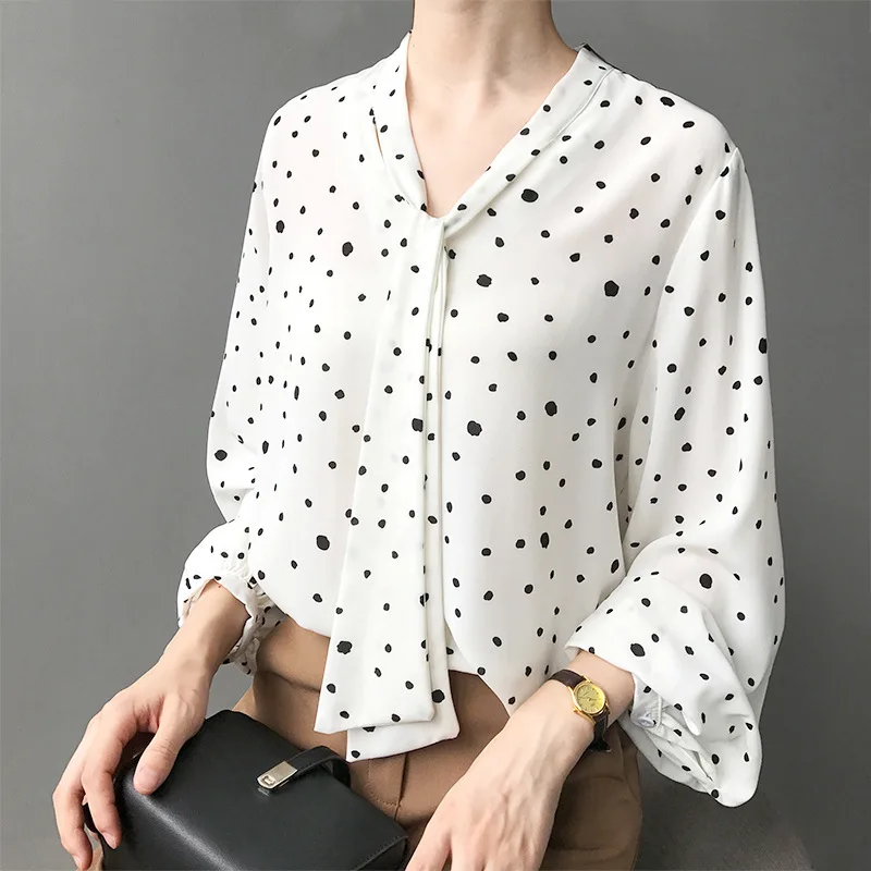 

Korean Long Sleeve Polka Dot Shirts Women 2019 New Tie Neck Chiffon Blouse Office Lady White Black Tops Shirts