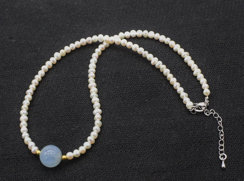 

freshwater pearl white near round 4-5mm and blue aquamarine carved round necklace 16.5inch nature handmake wholesale FPPJ