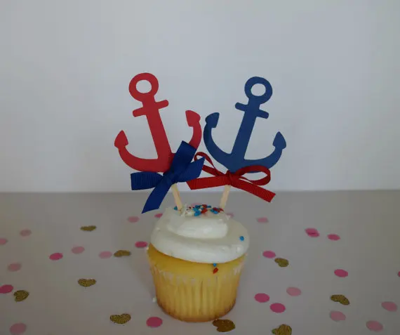 

Anchor Cupcake Toppers, Nautical party baby bridal shower birthday ocean wedding cake topper decor