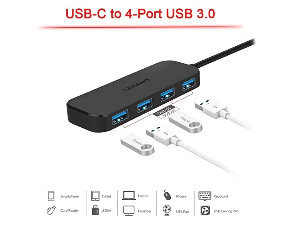 Оригинальный концентратор данных Lenovo C611 Type C на 4 USB 3 0 черный разветвитель type c