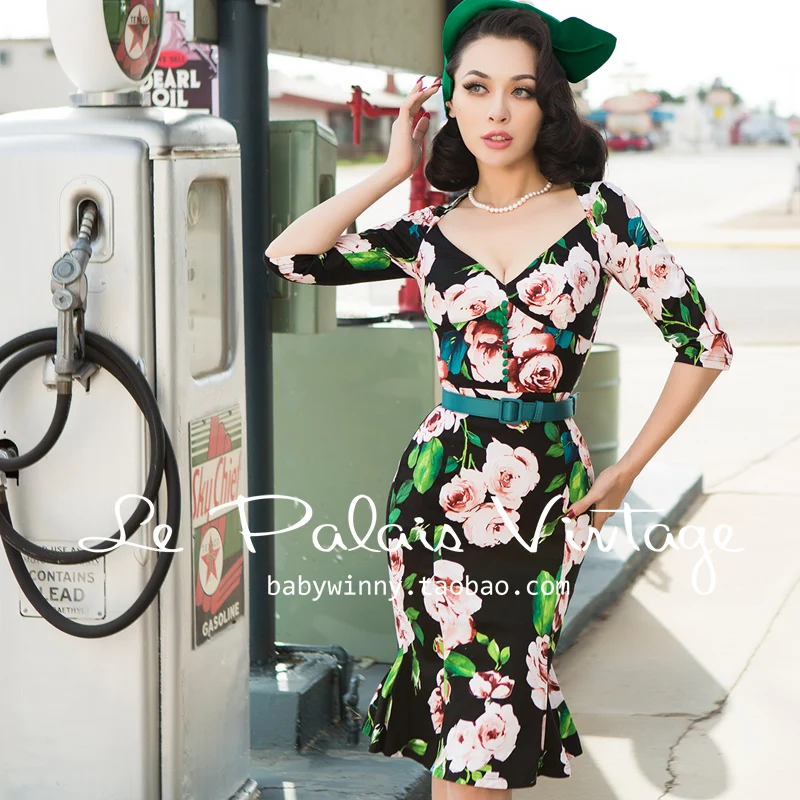 Женское винтажное платье русалки черное в стиле 50 х годов с v образным вырезом