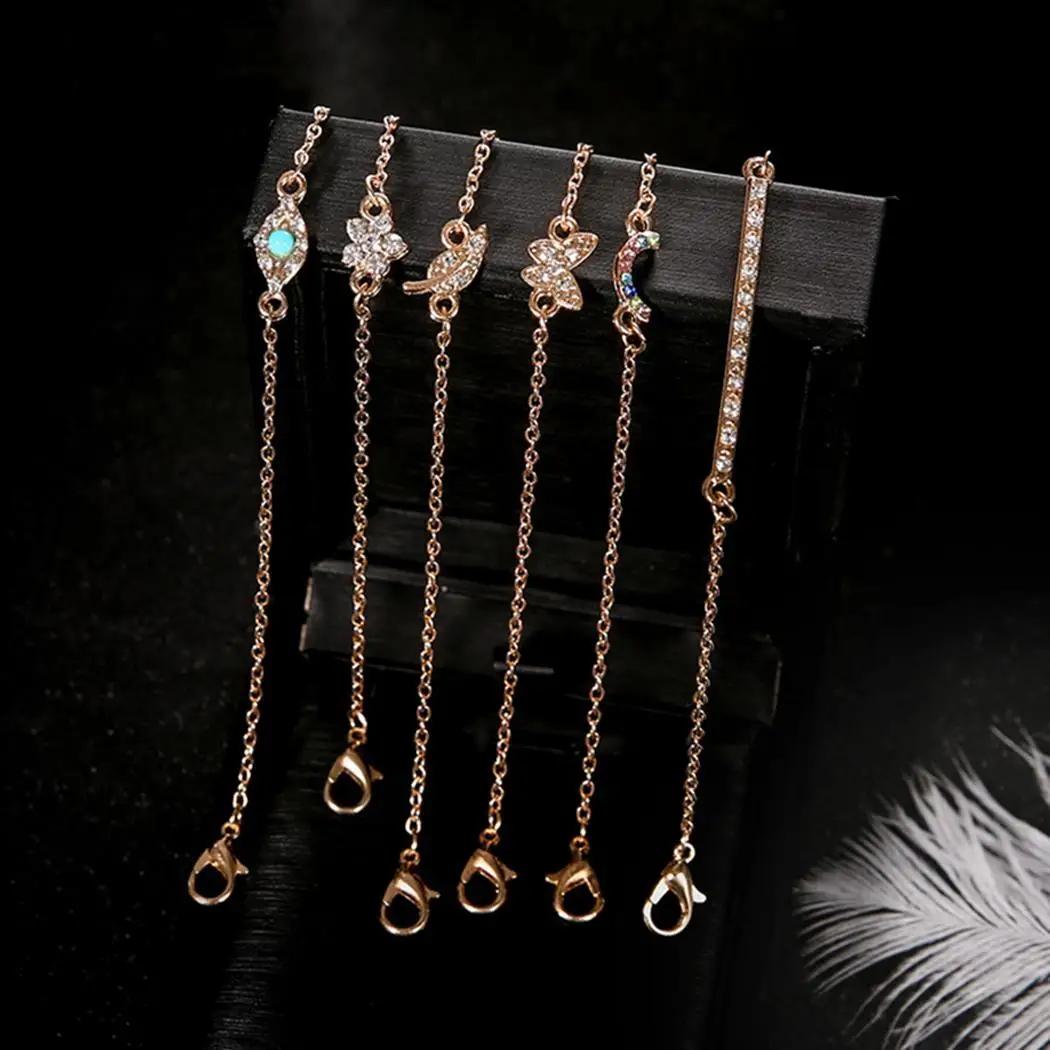 Fashion Women Butterfly Eye Star Moon Leaves Multilayer 22cm/8.7inch Bracelet Party Set of (6Pcs) Jewelry Gold | Украшения и