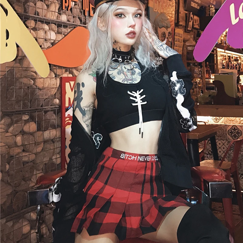 

Танцевальные костюмы в стиле хип-хоп, женская одежда для приема, черный жилет, юбка в красную клетку, наряды, Женская праздничная одежда, тре...