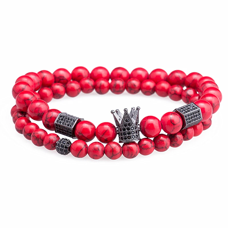 Black Crown Set Red ATTYIRENA 2 шт./компл. красный Натуральный камень Бусины мужской браслет Micro CZ бусины тканые женский браслет плетение макраме шнур Для мужчин браслет - Окраска металла: Black Crown Set Red