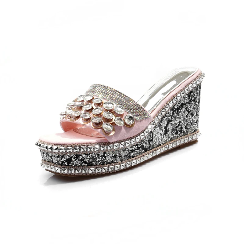 Сандалии стразы женские на платформе повседневные туфли танкетке розовые
