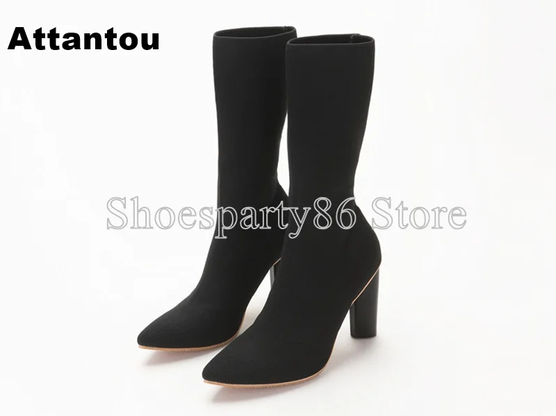 

Fashion Elastic Pointed Toe Block Heeled Sock Boots Women High Heel Shoes Stretch Fabric Mid-calf 7cm and 9cm boot