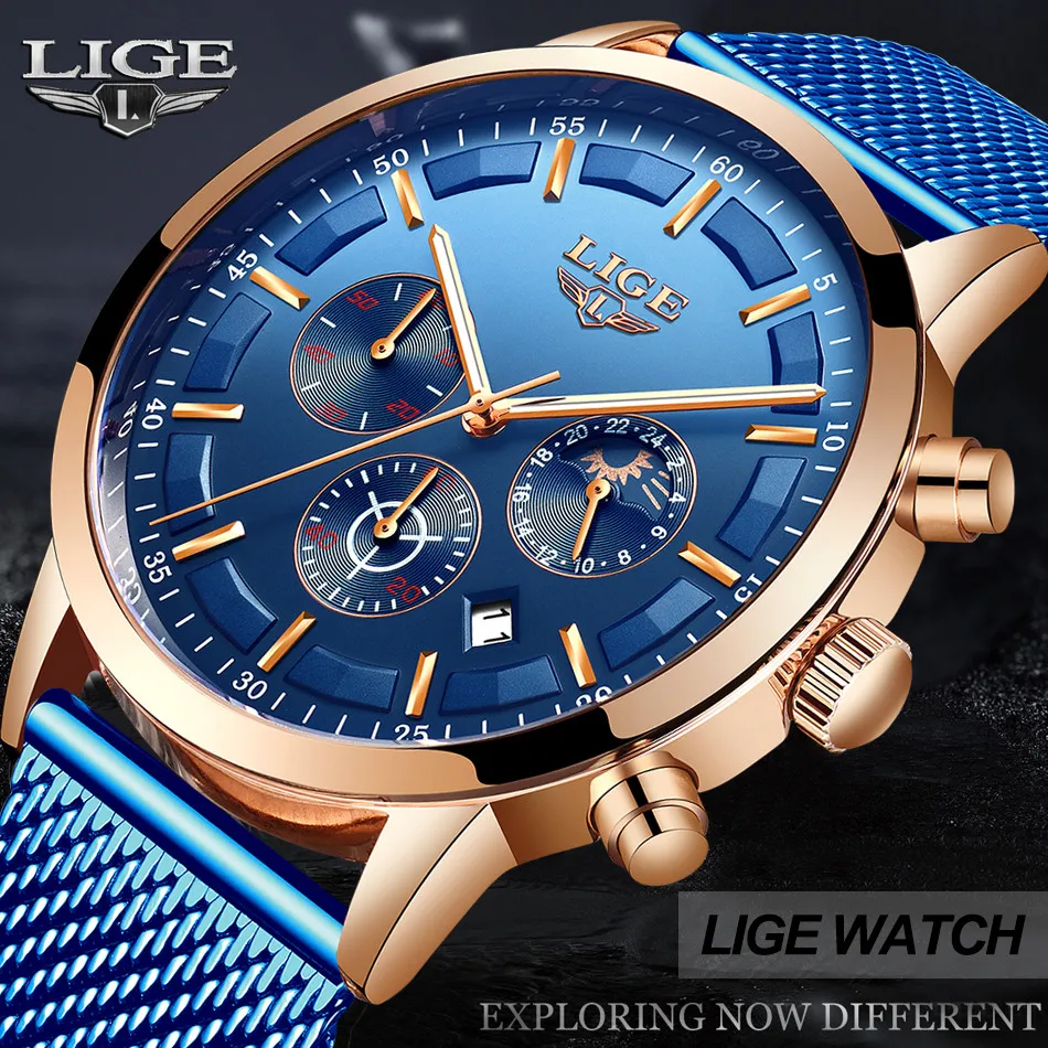 Relogio Masculino LIGE Роскошные Кварцевые часы для мужчин синий циферблат часы спортивные часы Moon Phase хронограф сетчатый ремень наручные часы