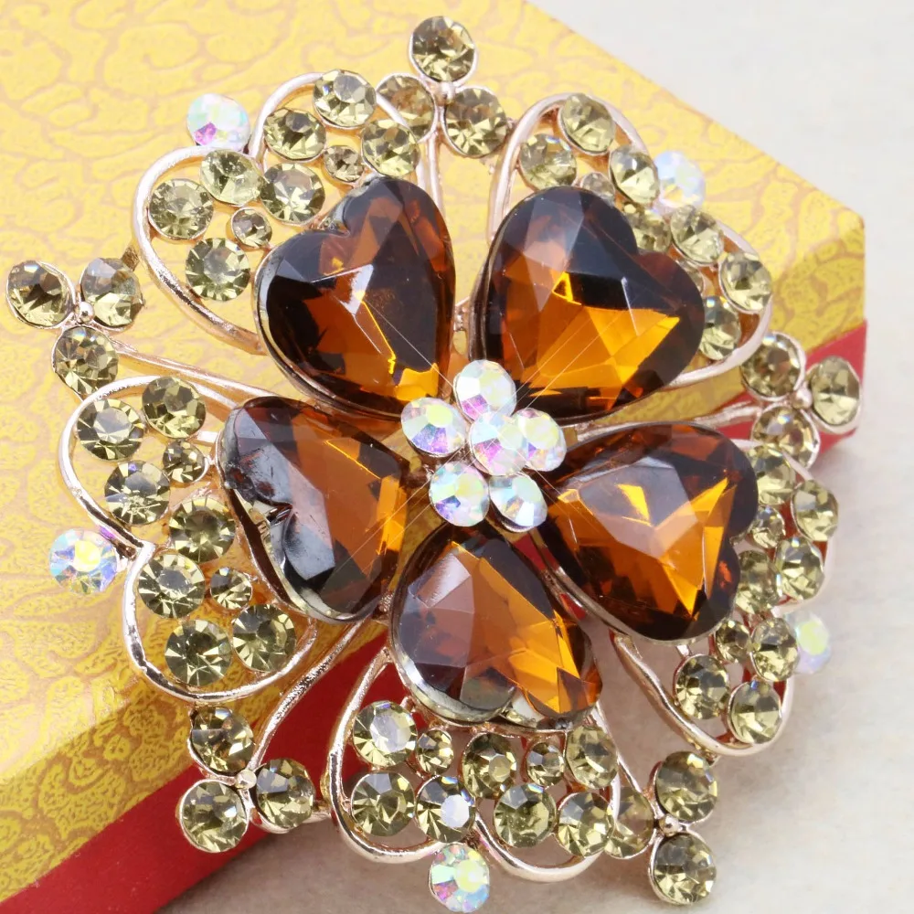 Золотая желтая кристаллическая брошь в виде сердца модные ювелирные стеклянные