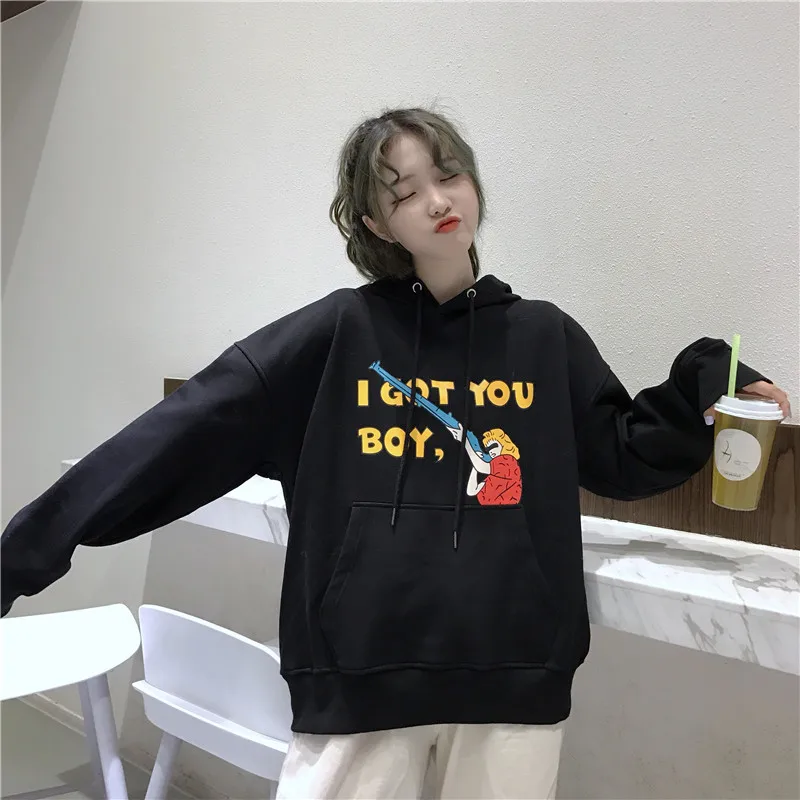 YouGeMan Harajuku винтажные худи для женщин свитшоты корейский Ulzzang бархатный свободный свитер с капюшоном Женский Повседневный свитер