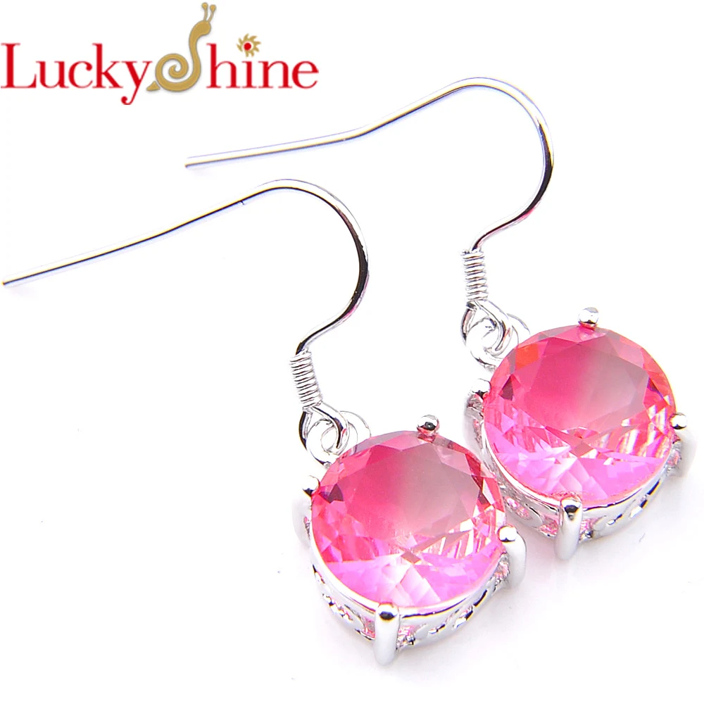 

Luckyshine Women Fashion Jewelry Round Pink Bi Colored Tourmaline Gems Silver Wedding Earrings Holiday Dangle Hook Earrings New