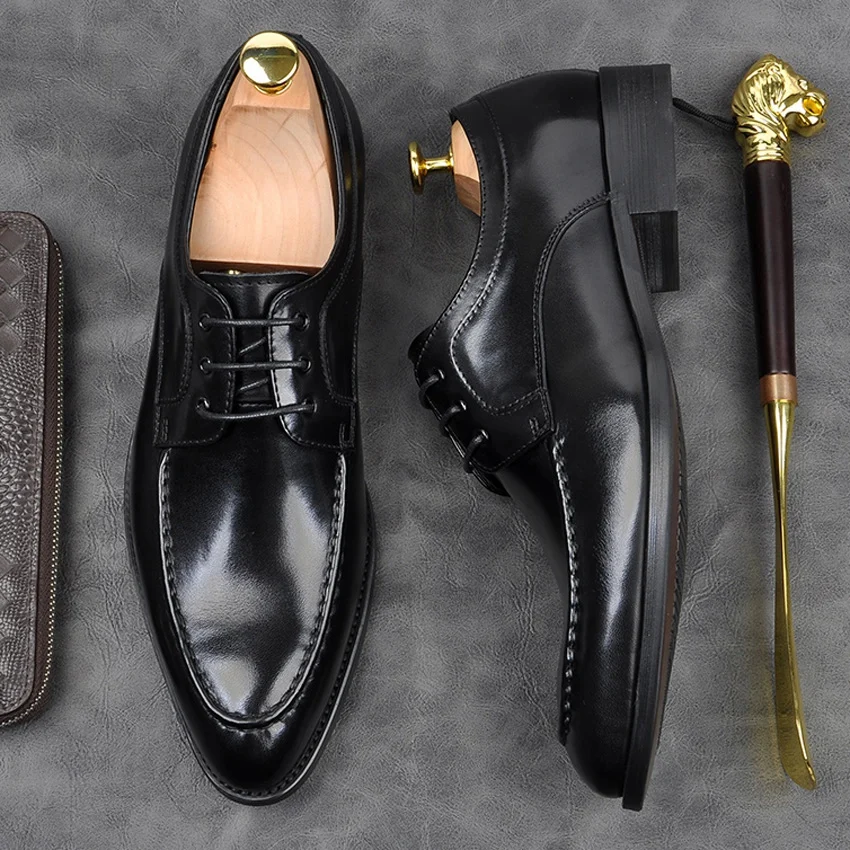 

2019 Elegant Handmade Formal Dress Men's Derby Office Oxford Shoes Genuine Leather Pointed Toe Party Business Flats AM224