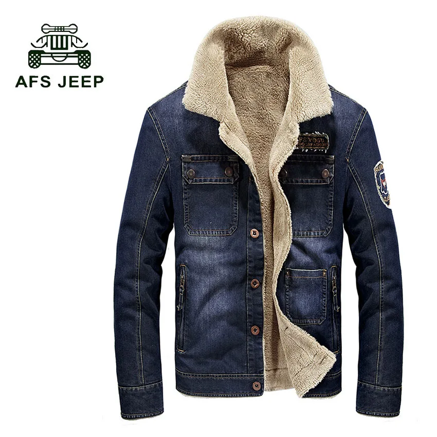 Мужская джинсовая куртка в стиле ретро с меховым воротником утепленная верхняя