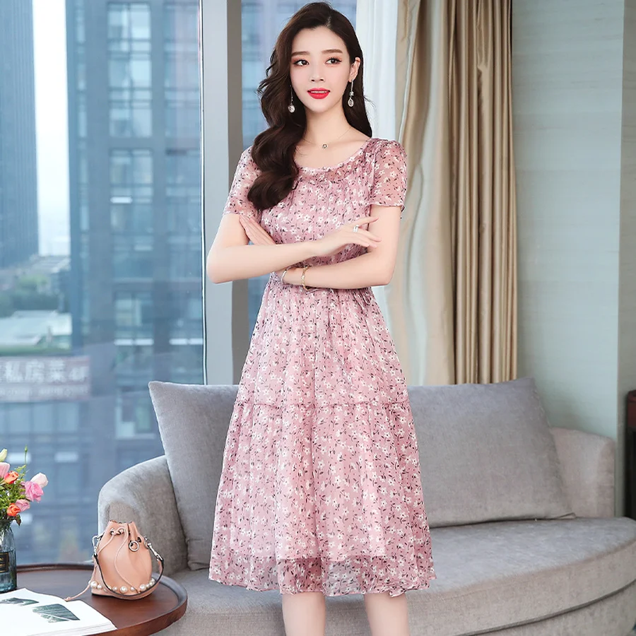 Женские летние новые корейские ретро платья больших размеров из розового шифона