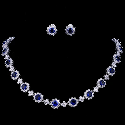 GMGYQ Zircons 2 Stks CZ Groene Kristal повязки Ketting En Oorbellen наборы люкс Vrouwen Bruiloft аксессуары комплект ювелирных украшений - Окраска металла: blue-white gold
