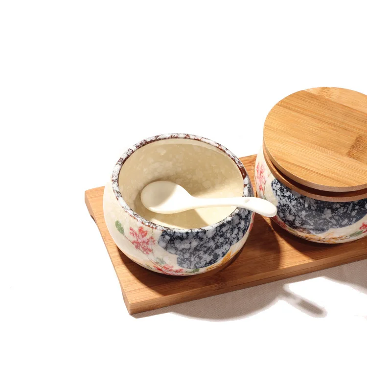 Керамика глазурь вниз вкус хранения баночки для специй Кухня Творческий для соли сахара перца хранения горшков Набор с бамбуковой стойкой и крышками